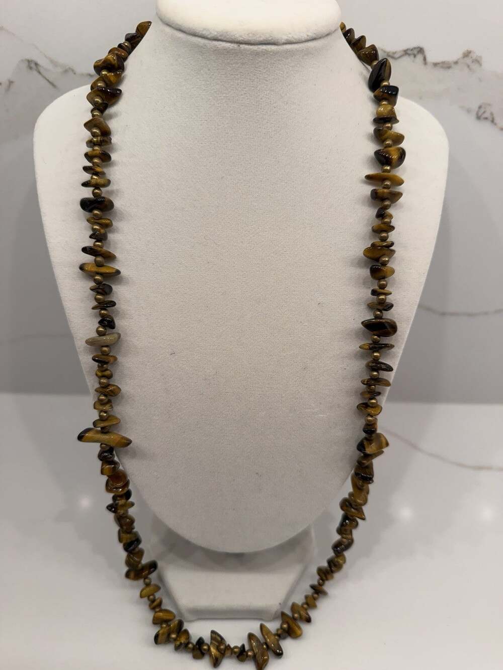Natural Tigers Eye Gemstone Chip Bead Long Necklace Gold Tone Boho Statement